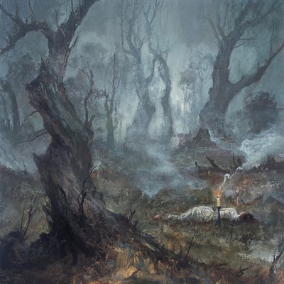 Cover art for Cowardice's Atavist (2024) by Adam Burke (Nightjar Illustration): a painted misty forest with a shrouded figure and a lit candle.